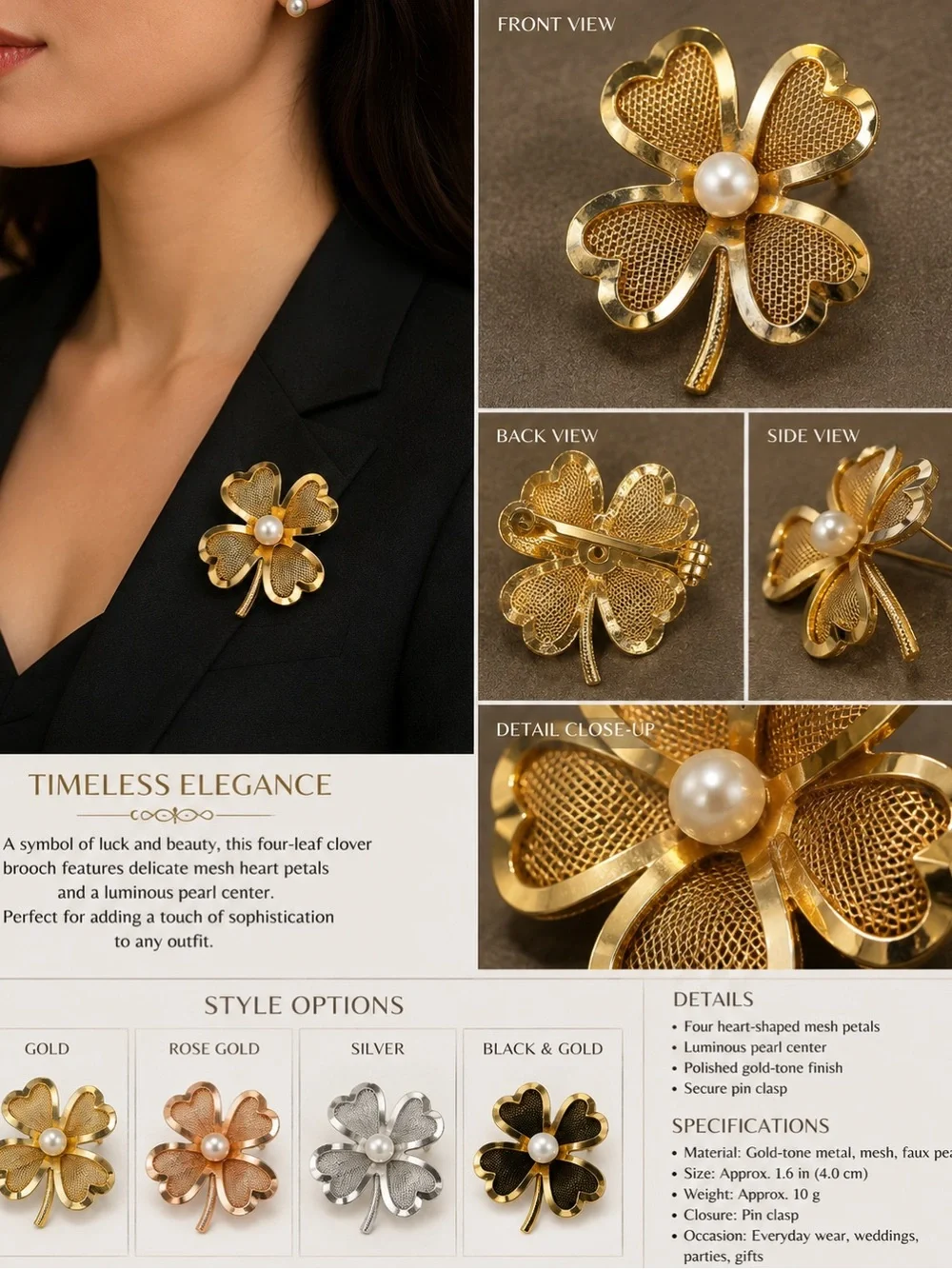 Vintage Timeless Gold Four-Leaf Clover Brooch with Pearl Center